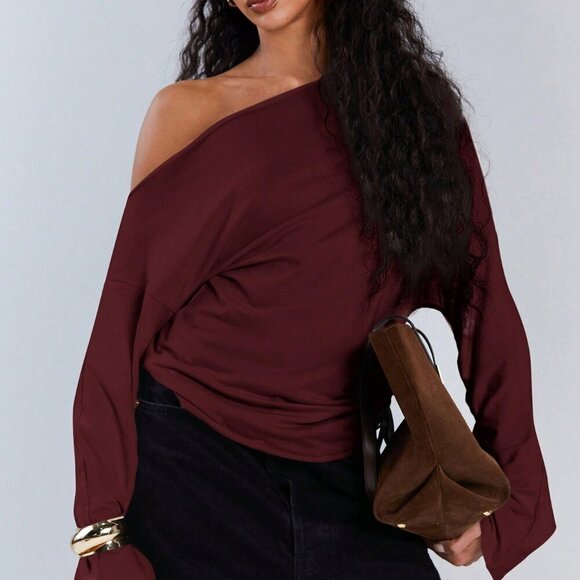 Tops - burgundy Casual Women's Asymmetric Collar Drawstring Top
